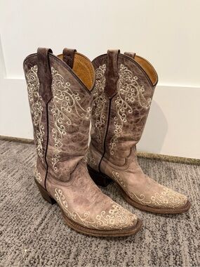 Kids Taupe Western Embroidered Cowboy Boots